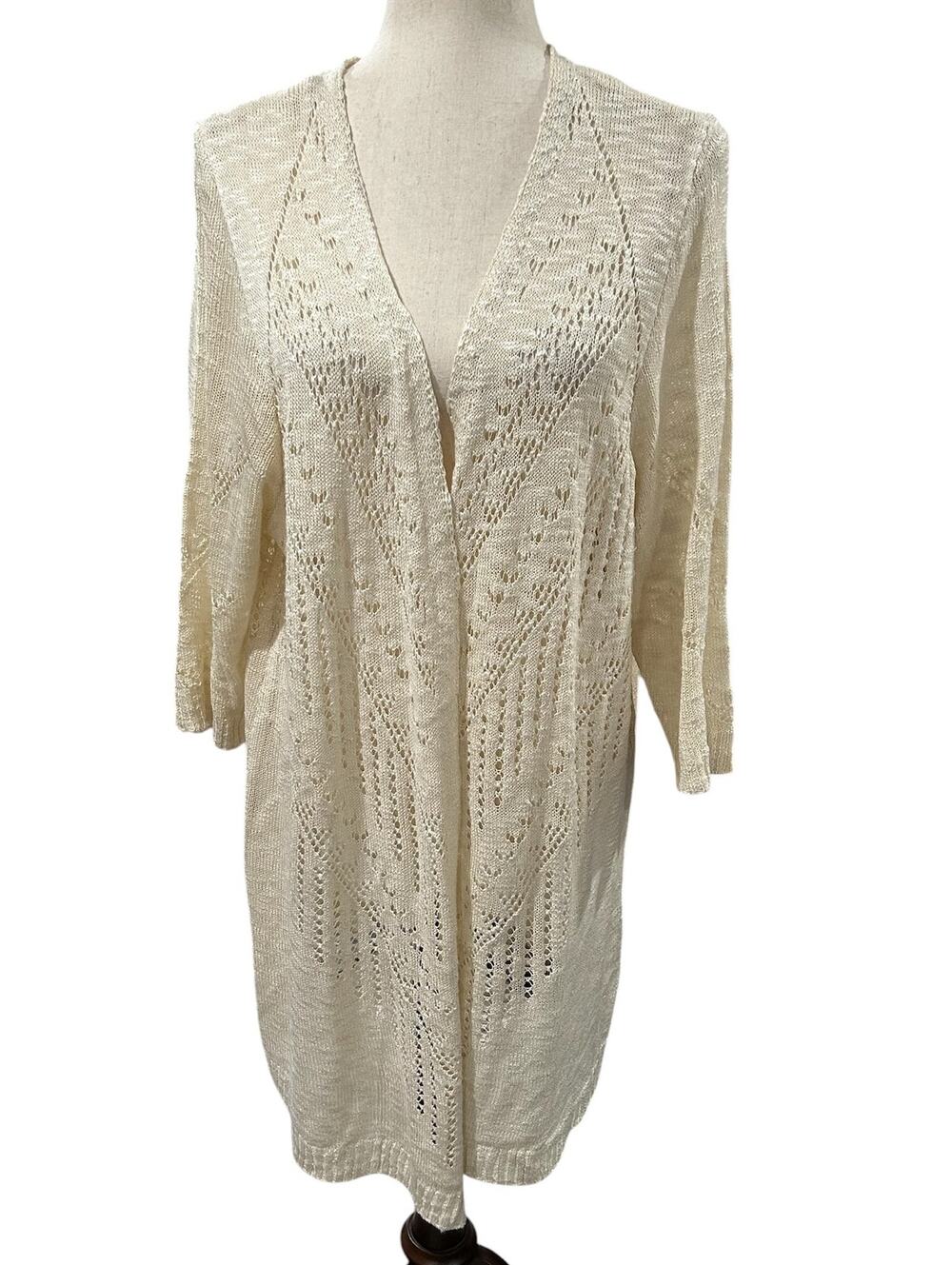 CJ Banks Crocheted Oatmeal Long Sleeve Open Front Sweater Plus Size 1X EUC